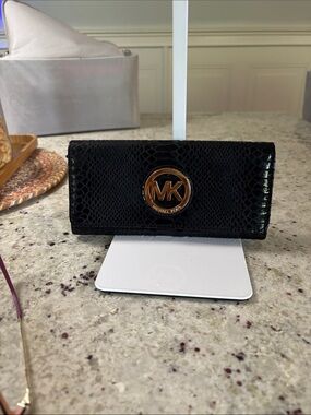 Michael Kors Fulton Black Python Leather Continental Wallet with Gold MK Emblem